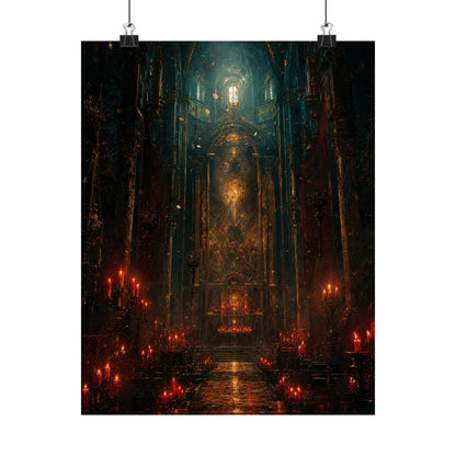 Dark Cathedral With Red Candles - Dark Fantasy Art Print (Matte Poster)