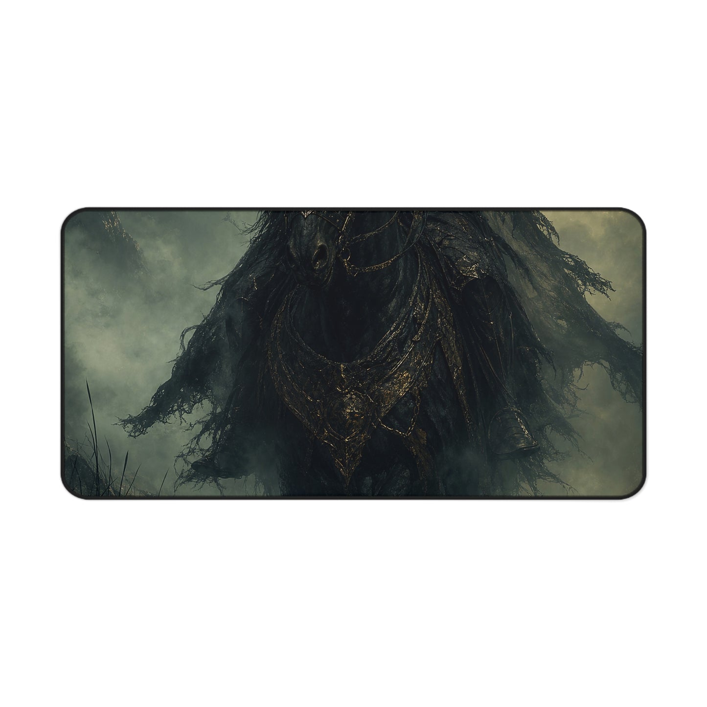 Black Knight Riding Through Mist - Dark Fantasy Gaming Desk Mat