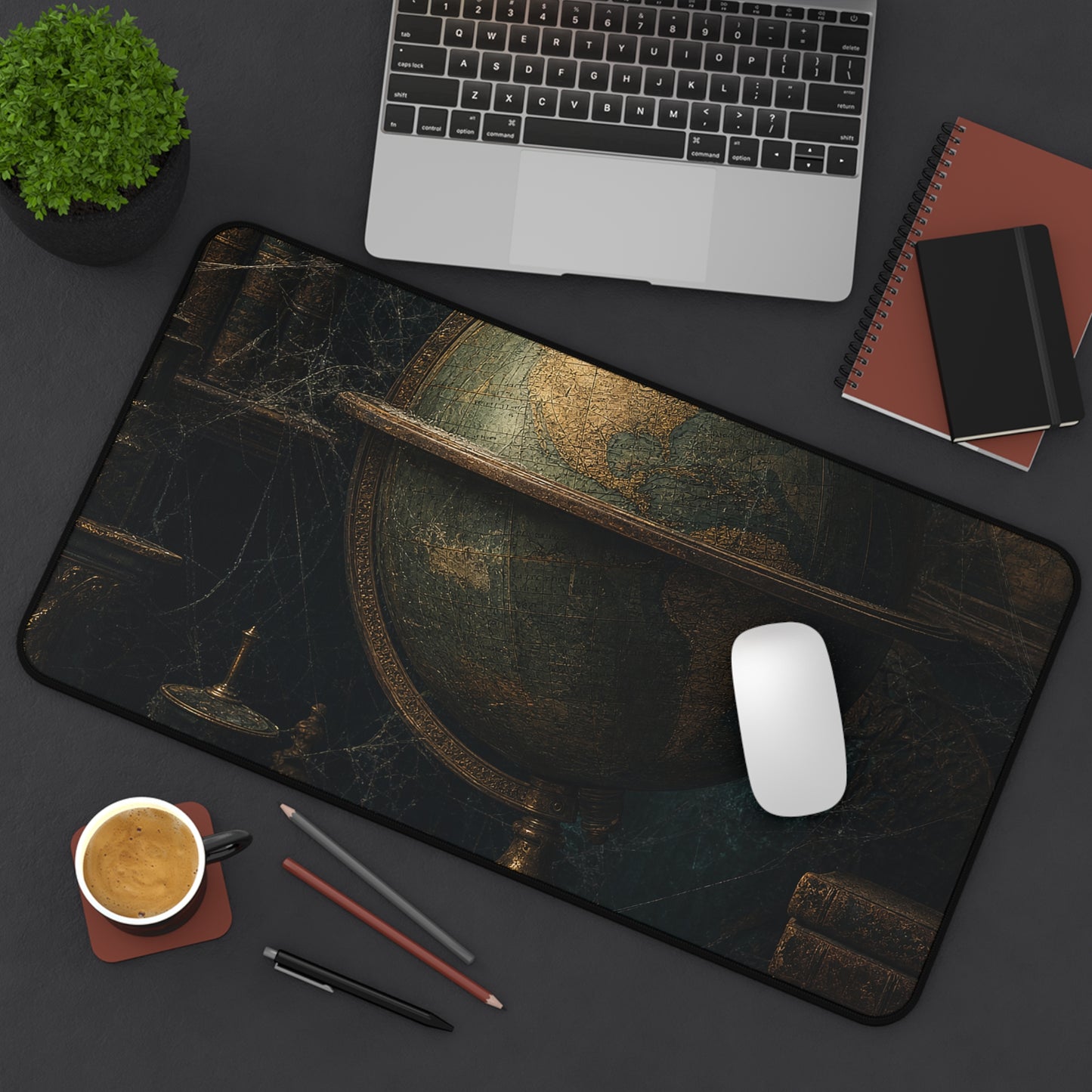 Old Globe In Dark Study - Dark Academia Gaming Desk Mat