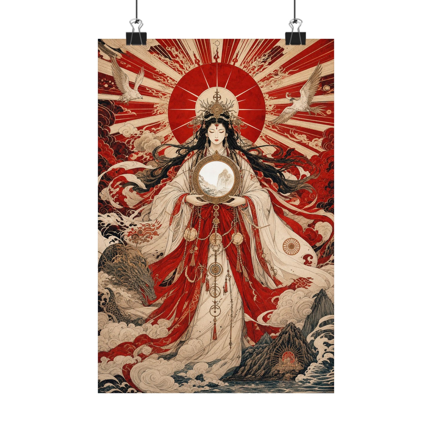 Amaterasu Sun Goddess With Mirror - Japanese Mythology Art Print (Matte Poster)