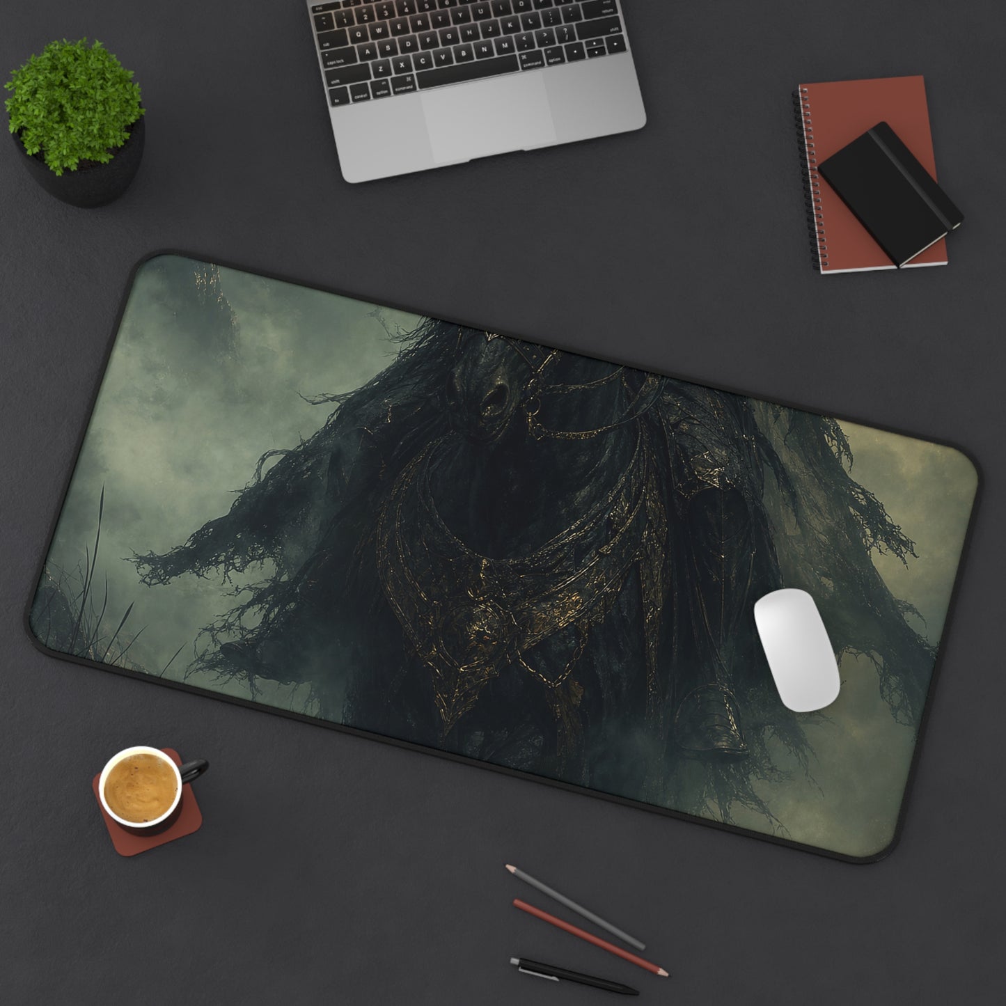 Black Knight Riding Through Mist - Dark Fantasy Gaming Desk Mat