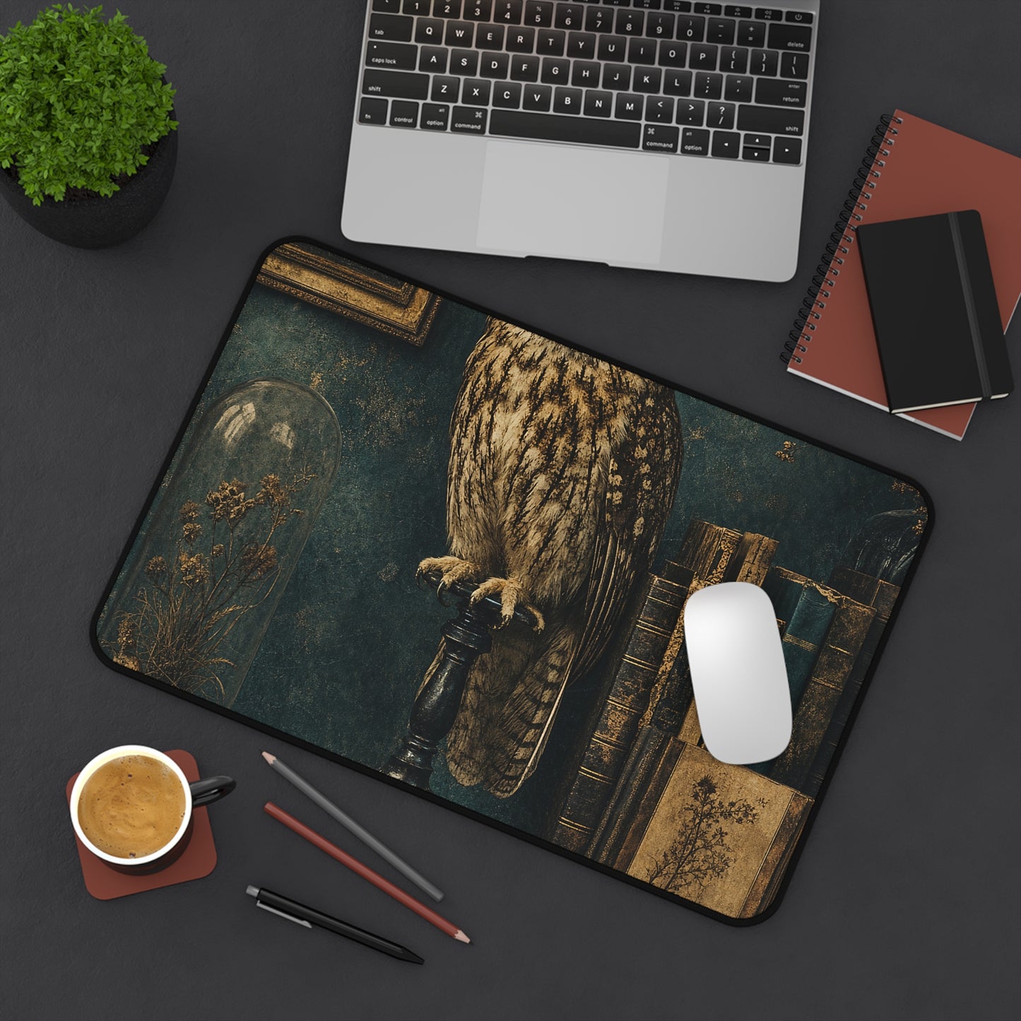 Taxidermy Owl On Bookshelf - Dark Academia Gaming Desk Mat