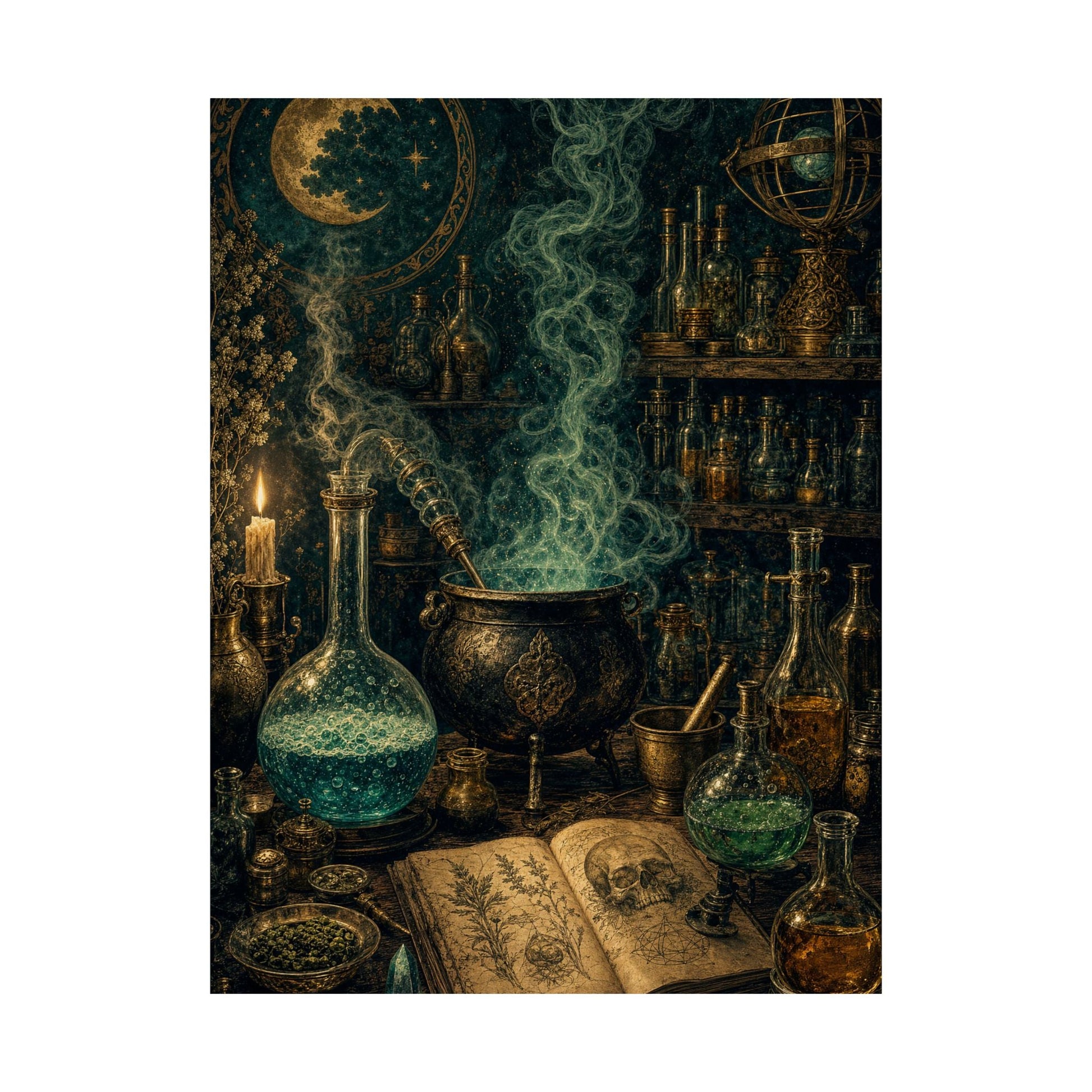 Alchemy Lab With Bubbling Potions - Dark Academia Art Print (Matte Poster) - Moikas