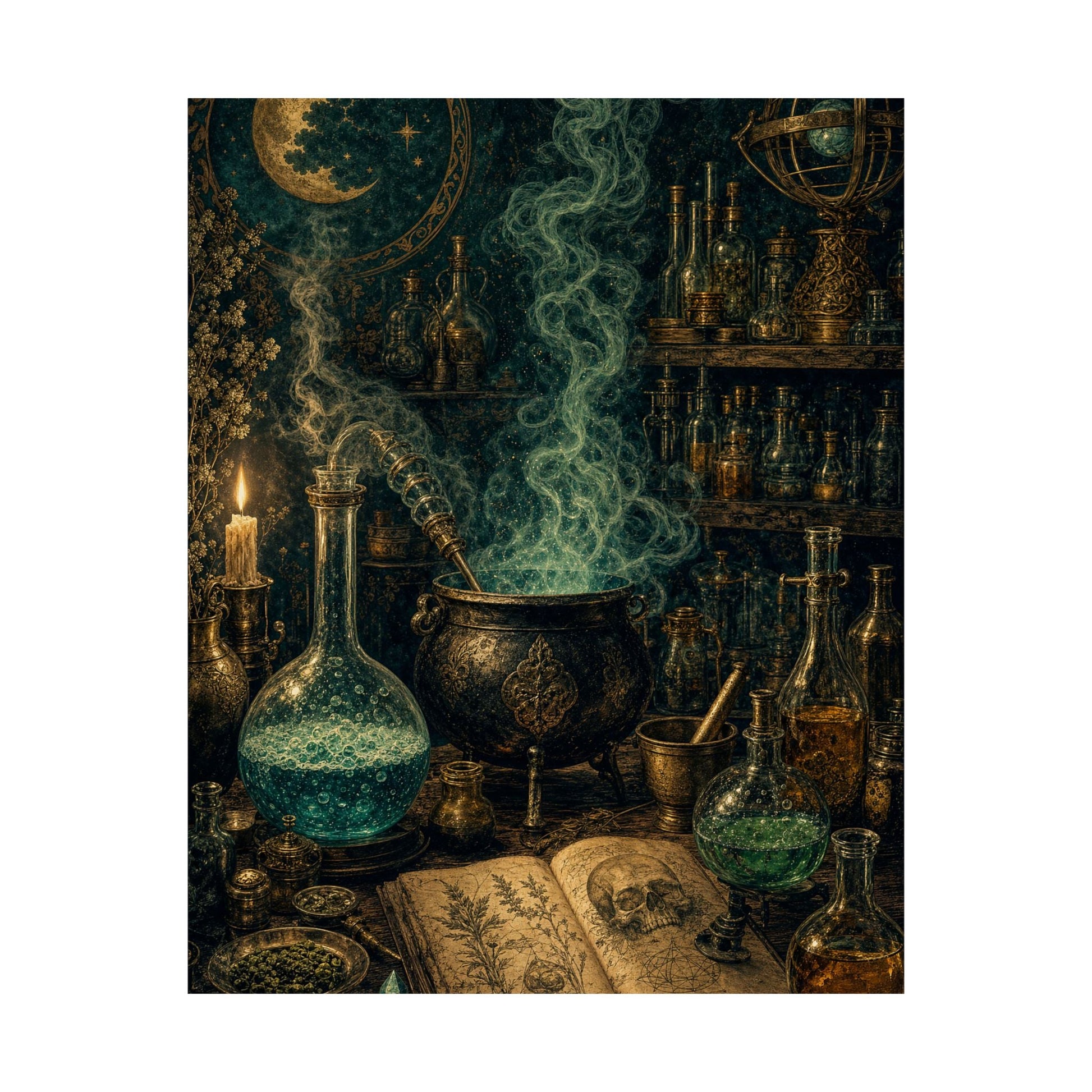 Alchemy Lab With Bubbling Potions - Dark Academia Art Print (Matte Poster) - Moikas