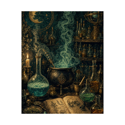 Alchemy Lab With Bubbling Potions - Dark Academia Art Print (Matte Poster) - Moikas