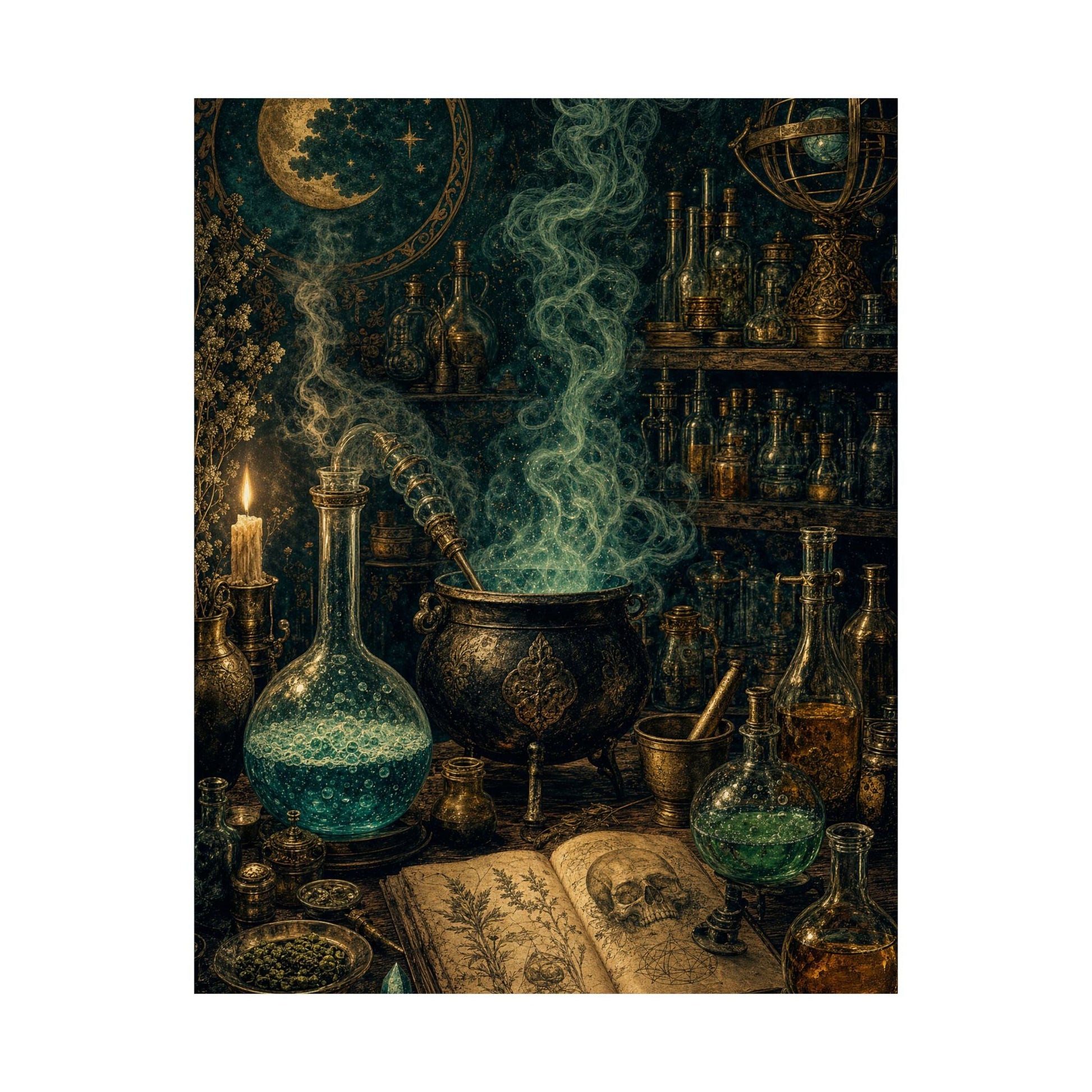 Alchemy Lab With Bubbling Potions - Dark Academia Art Print (Matte Poster) - Moikas