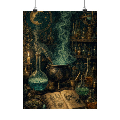 Alchemy Lab With Bubbling Potions - Dark Academia Art Print (Matte Poster) - Moikas