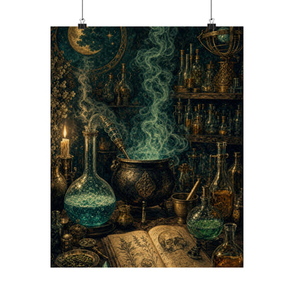 Alchemy Lab With Bubbling Potions - Dark Academia Art Print (Matte Poster) - Moikas
