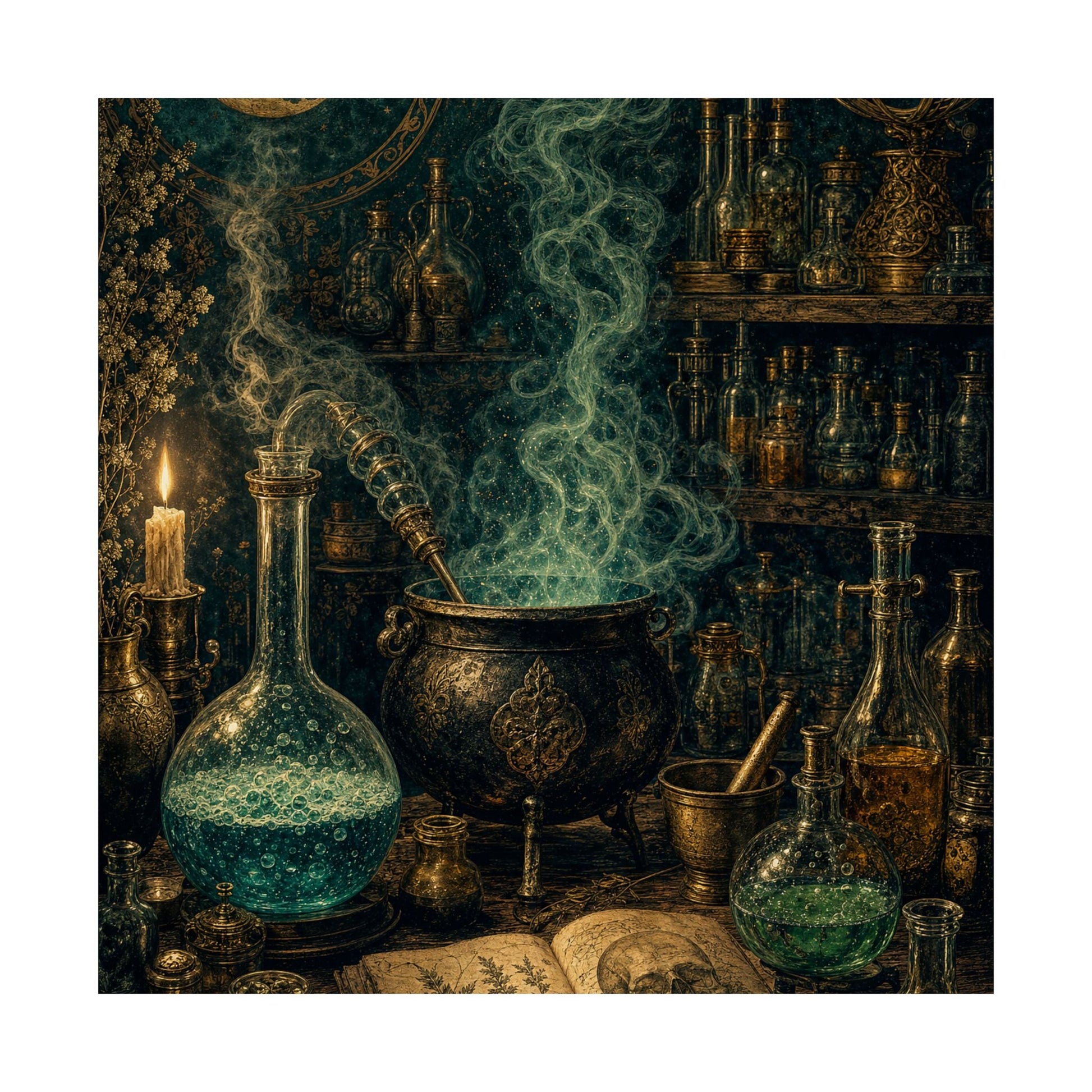 Alchemy Lab With Bubbling Potions - Dark Academia Art Print (Matte Poster) - Moikas
