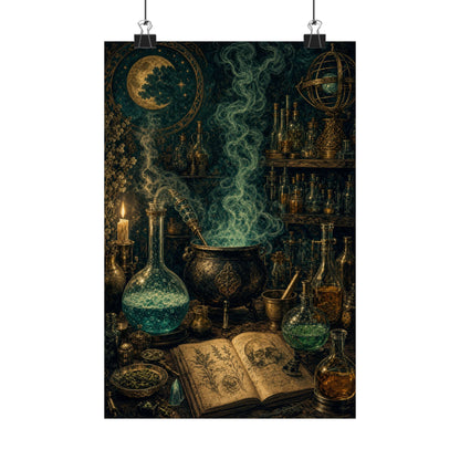 Alchemy Lab With Bubbling Potions - Dark Academia Art Print (Matte Poster) - Moikas