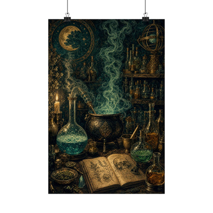 Alchemy Lab With Bubbling Potions - Dark Academia Art Print (Matte Poster) - Moikas