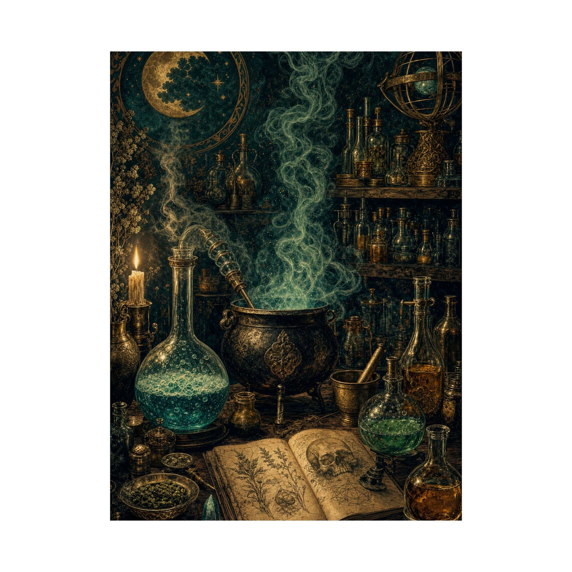 Alchemy Lab With Bubbling Potions - Dark Academia Art Print (Matte Poster) - Moikas