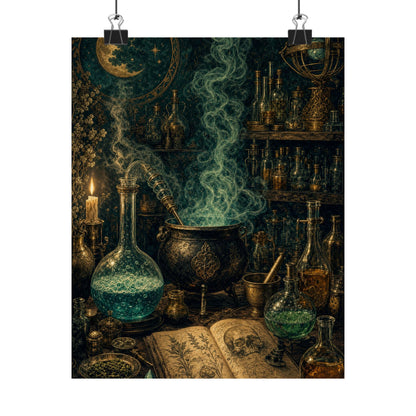 Alchemy Lab With Bubbling Potions - Dark Academia Art Print (Matte Poster) - Moikas