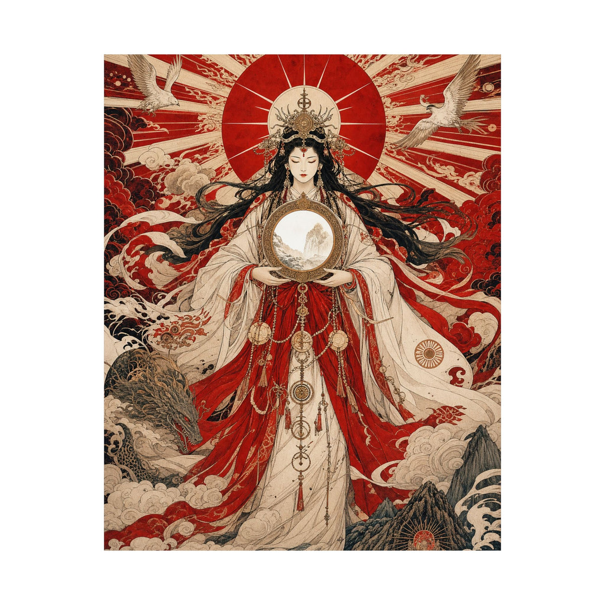 Amaterasu Sun Goddess With Mirror - Japanese Mythology Art Print (Matte Poster) - Moikas