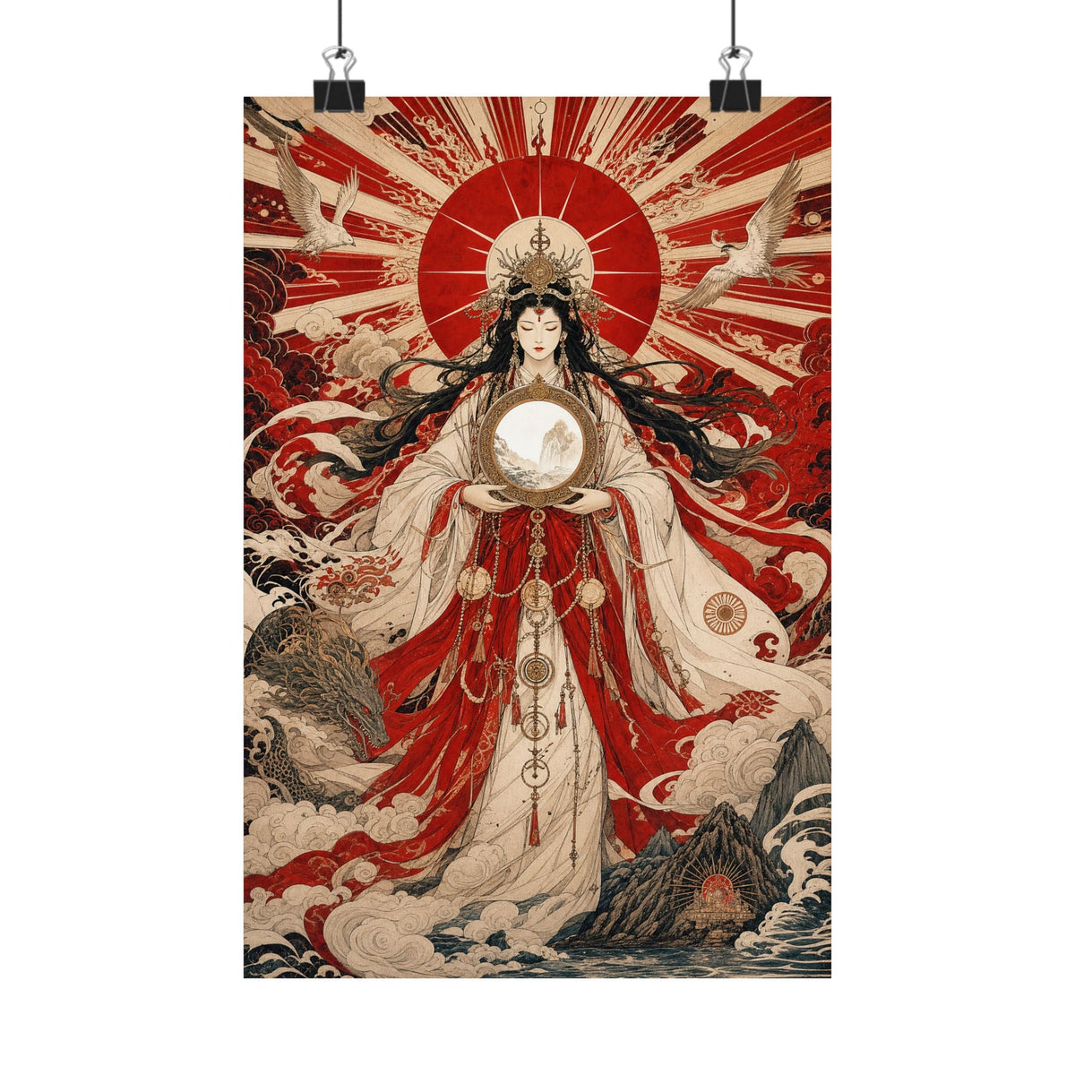 Amaterasu Sun Goddess With Mirror - Japanese Mythology Art Print (Matte Poster) - Moikas