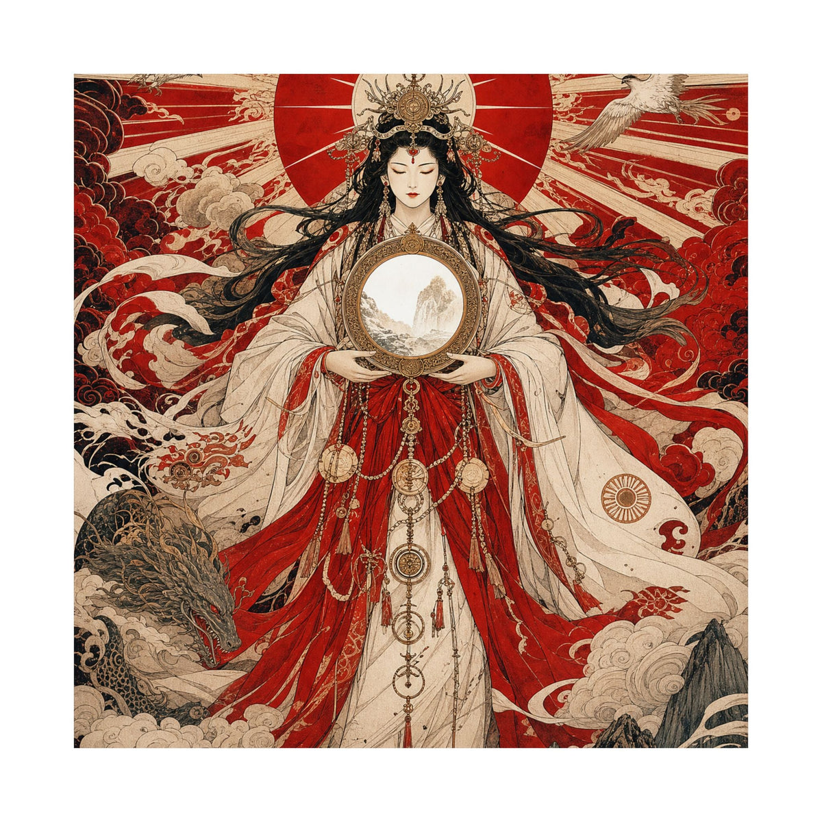 Amaterasu Sun Goddess With Mirror - Japanese Mythology Art Print (Matte Poster) - Moikas
