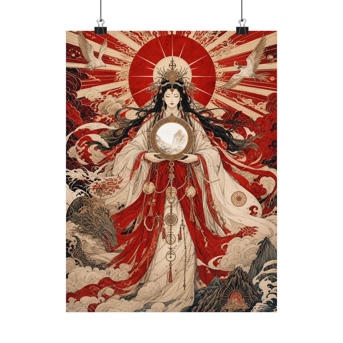 Amaterasu Sun Goddess With Mirror - Japanese Mythology Art Print (Matte Poster) - Moikas