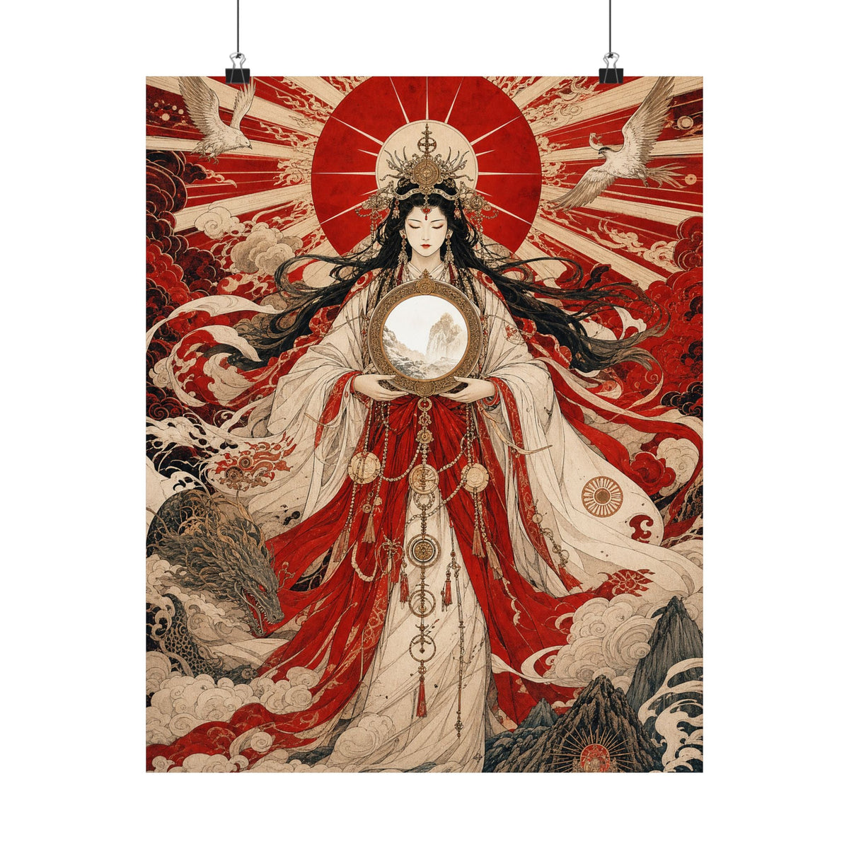 Amaterasu Sun Goddess With Mirror - Japanese Mythology Art Print (Matte Poster) - Moikas