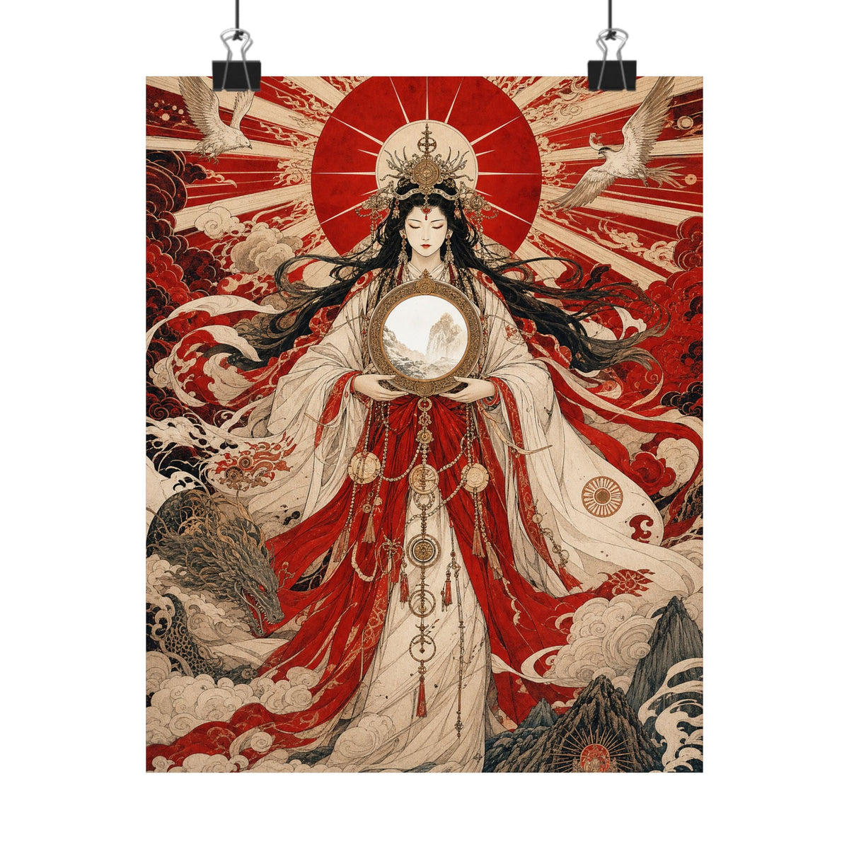 Amaterasu Sun Goddess With Mirror - Japanese Mythology Art Print (Matte Poster) - Moikas