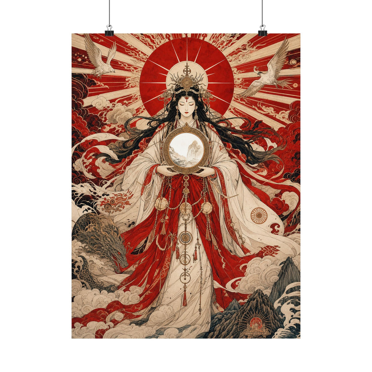 Amaterasu Sun Goddess With Mirror - Japanese Mythology Art Print (Matte Poster) - Moikas