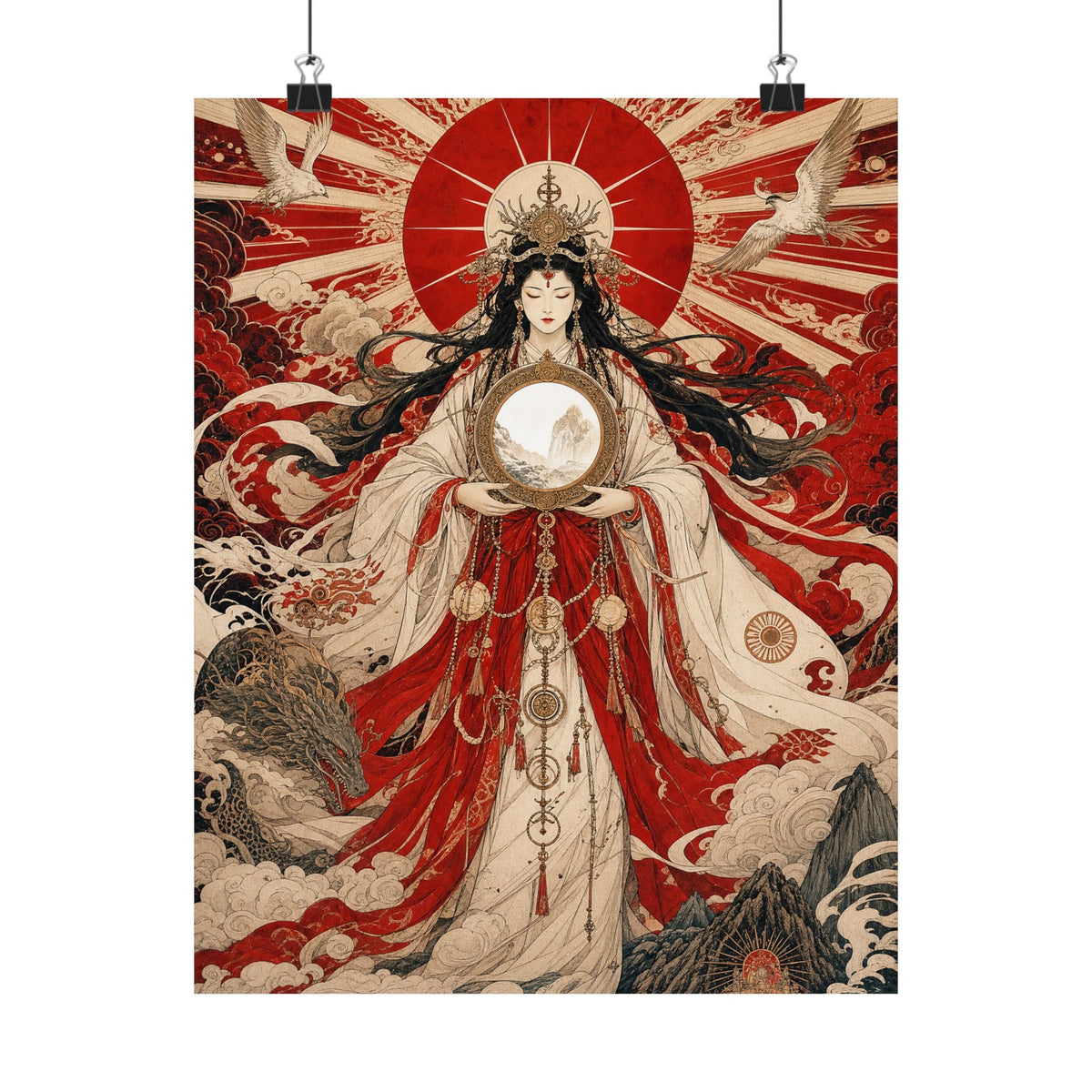 Amaterasu Sun Goddess With Mirror - Japanese Mythology Art Print (Matte Poster) - Moikas