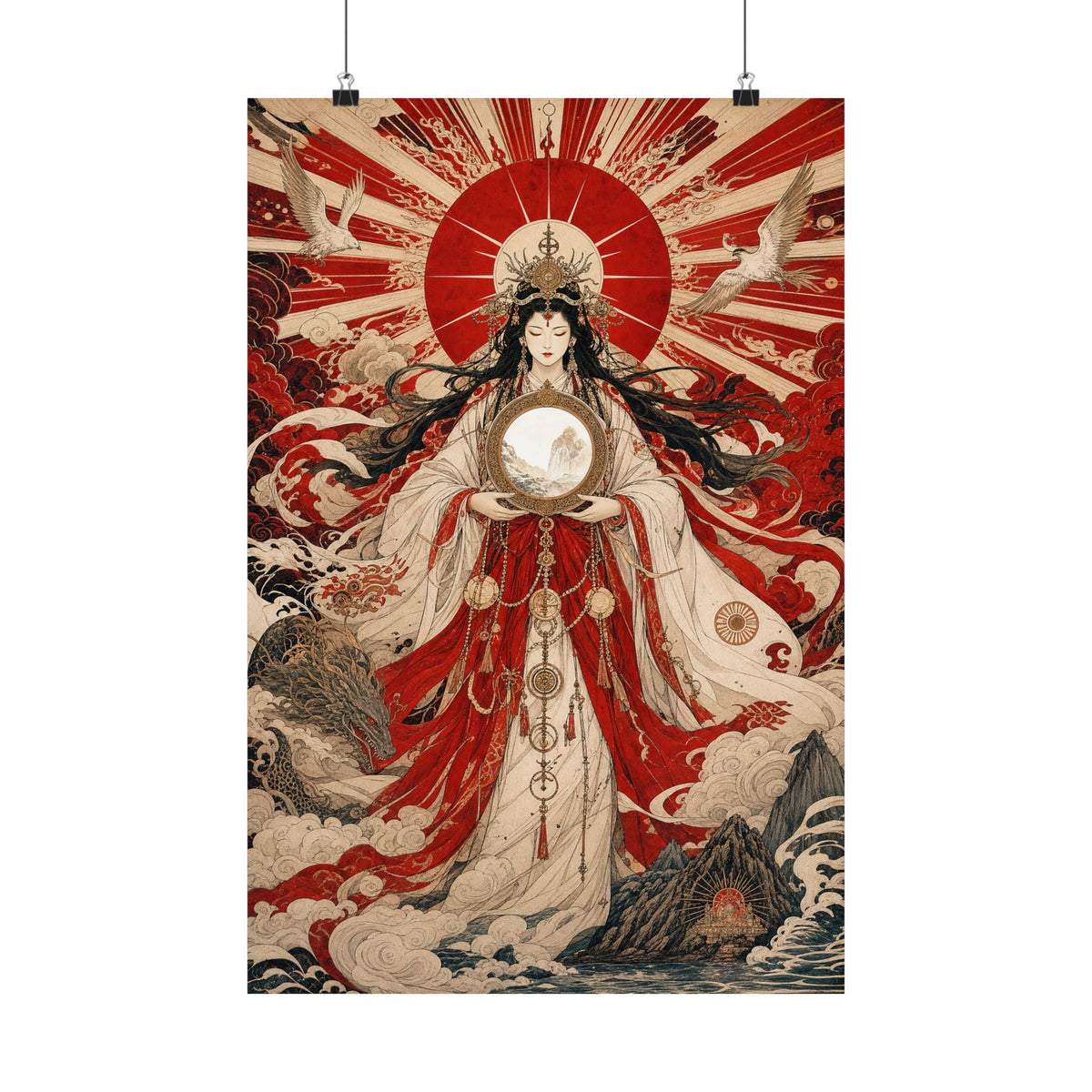Amaterasu Sun Goddess With Mirror - Japanese Mythology Art Print (Matte Poster) - Moikas