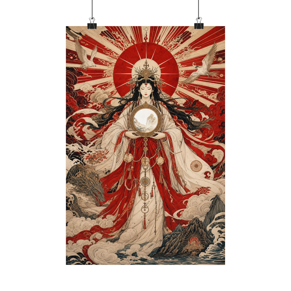 Amaterasu Sun Goddess With Mirror - Japanese Mythology Art Print (Matte Poster) - Moikas