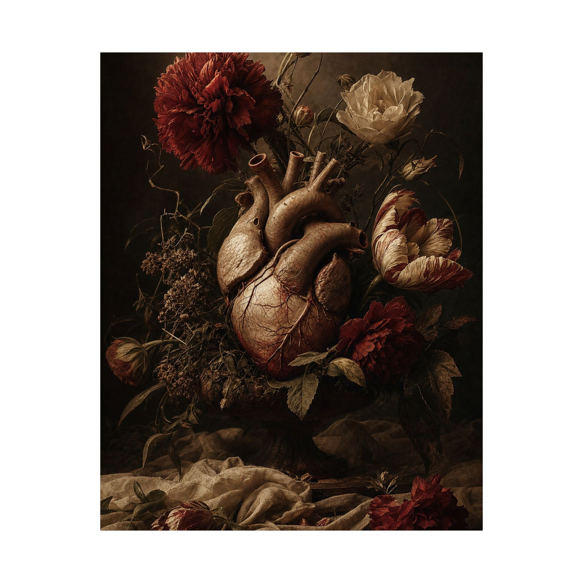 Anatomical Heart With Flowers - Dark Academia Art Print (Matte Poster) - Moikas