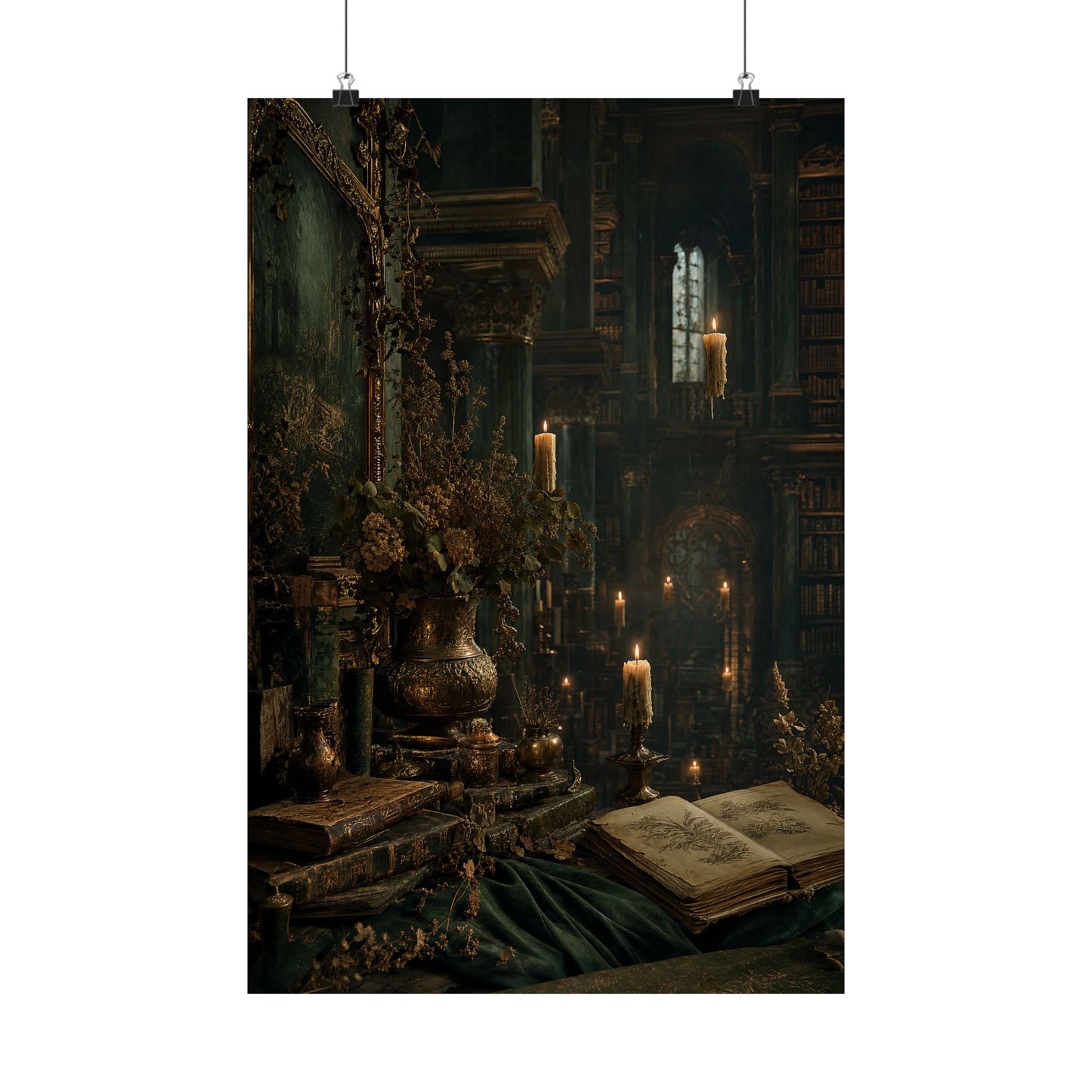 Ancient Library With Floating Candles - Dark Academia Art Print (Matte Poster) - Moikas