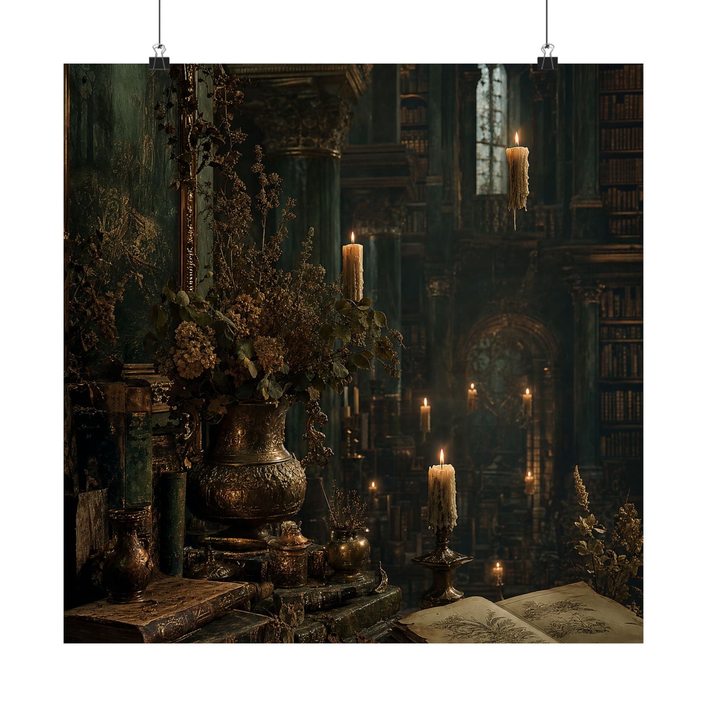 Ancient Library With Floating Candles - Dark Academia Art Print (Matte Poster) - Moikas