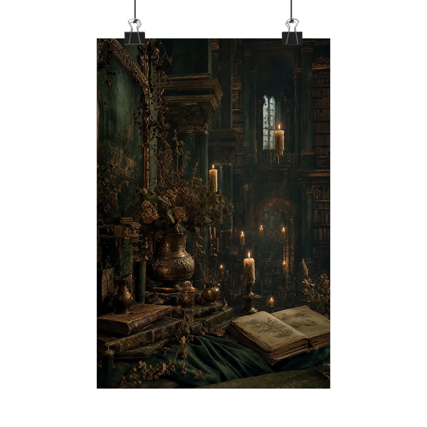 Ancient Library With Floating Candles - Dark Academia Art Print (Matte Poster) - Moikas