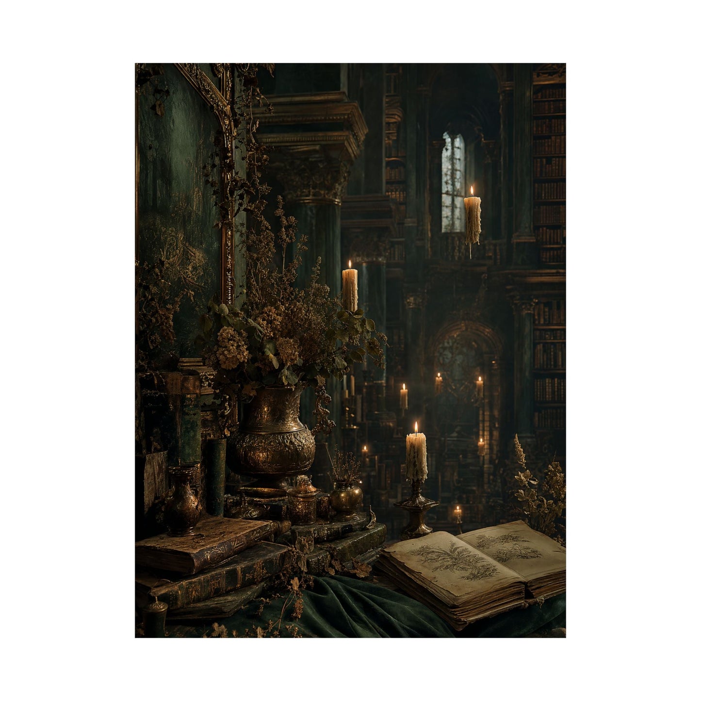Ancient Library With Floating Candles - Dark Academia Art Print (Matte Poster) - Moikas