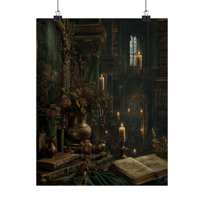 Ancient Library With Floating Candles - Dark Academia Art Print (Matte Poster) - Moikas