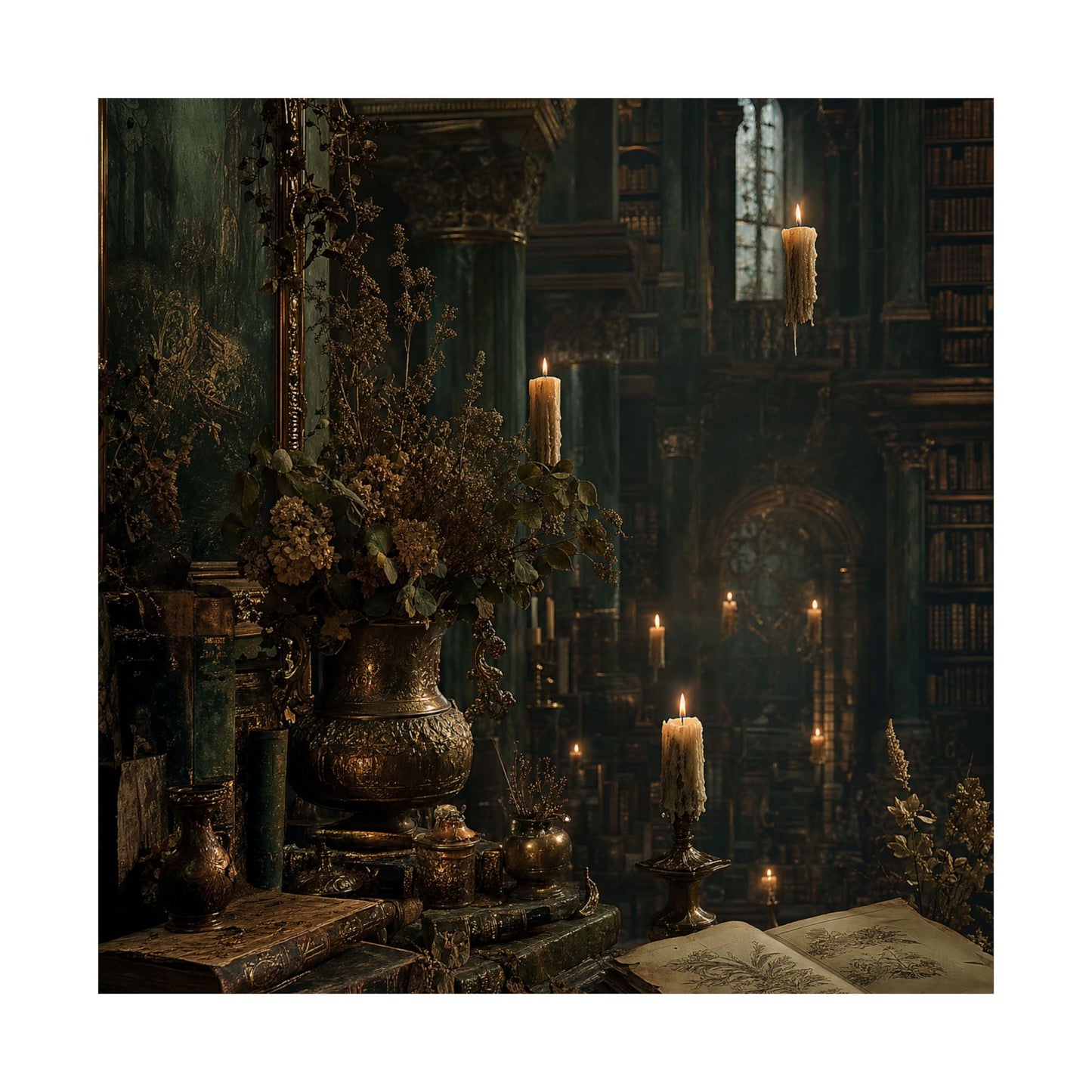 Ancient Library With Floating Candles - Dark Academia Art Print (Matte Poster) - Moikas