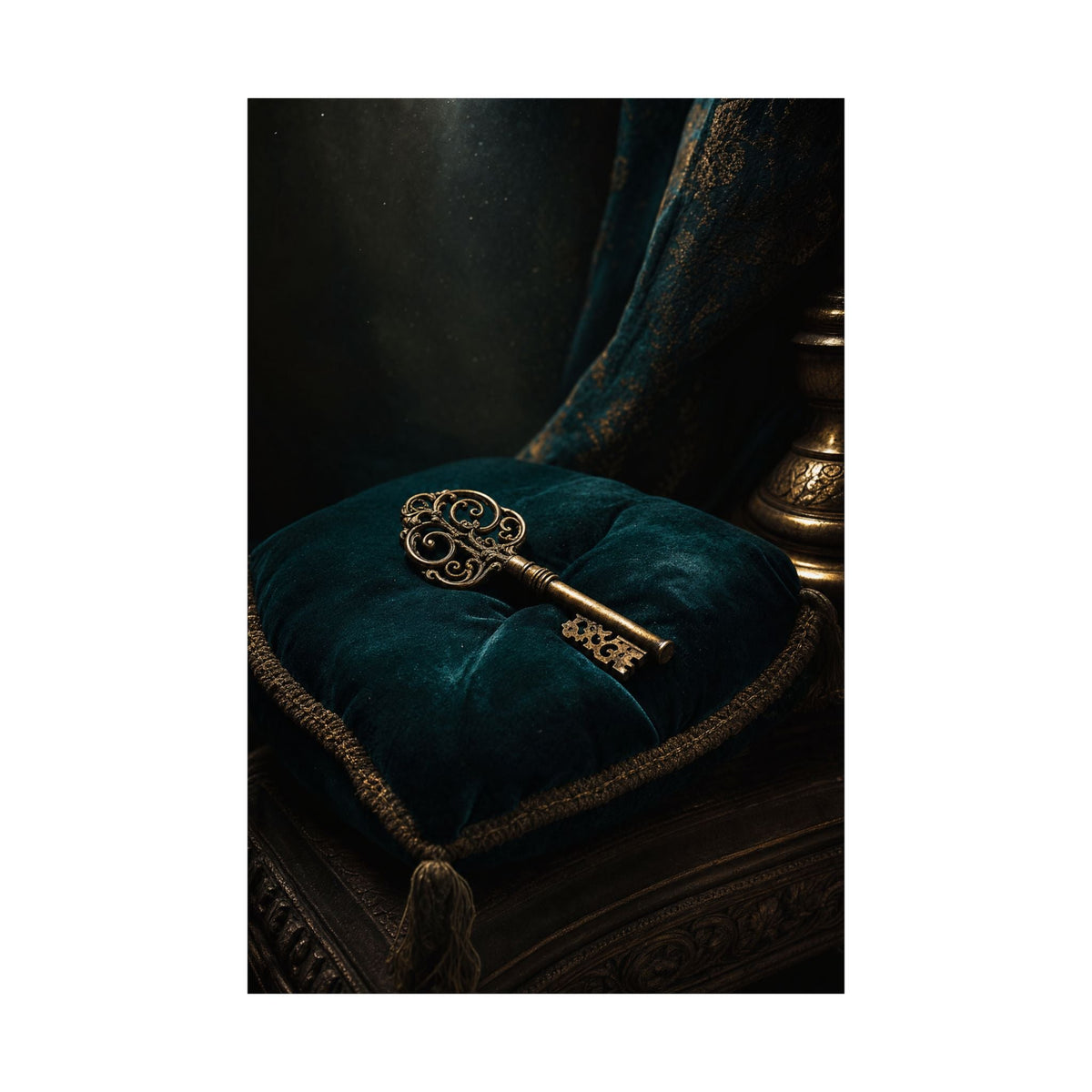 Antique Key On Velvet Cushion - Dark Academia Art Print (Matte Poster) - Moikas