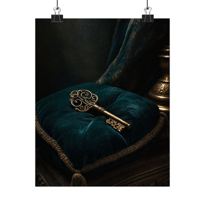 Antique Key On Velvet Cushion - Dark Academia Art Print (Matte Poster) - Moikas