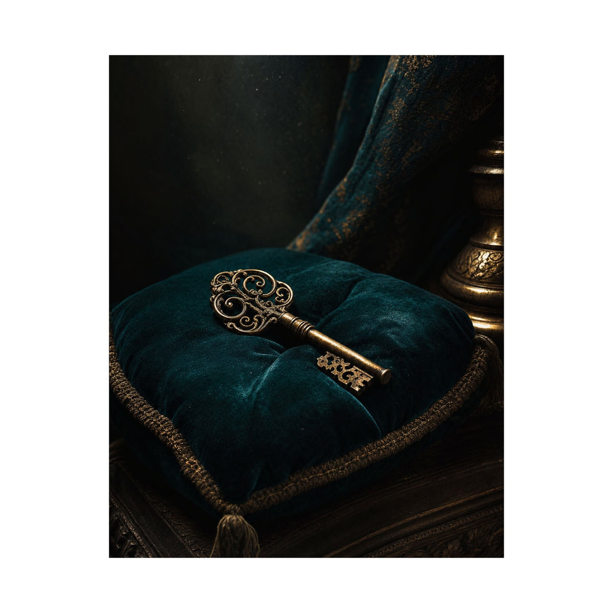 Antique Key On Velvet Cushion - Dark Academia Art Print (Matte Poster) - Moikas