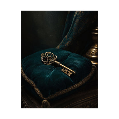 Antique Key On Velvet Cushion - Dark Academia Art Print (Matte Poster) - Moikas