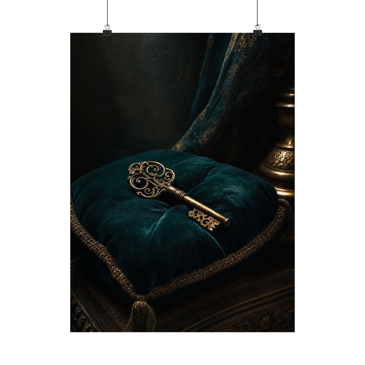Antique Key On Velvet Cushion - Dark Academia Art Print (Matte Poster) - Moikas
