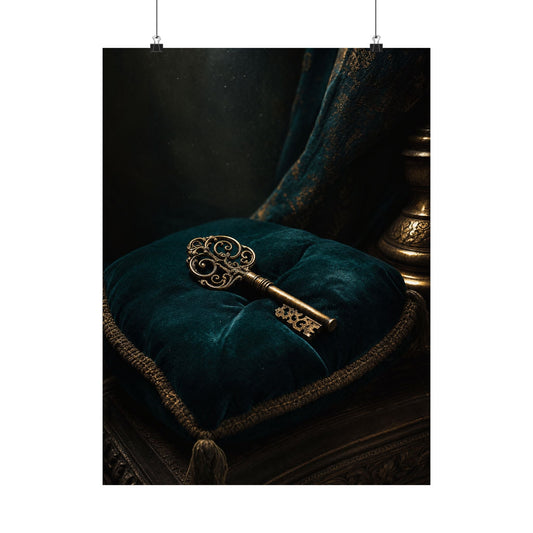 Antique Key On Velvet Cushion - Dark Academia Art Print (Matte Poster) - Moikas