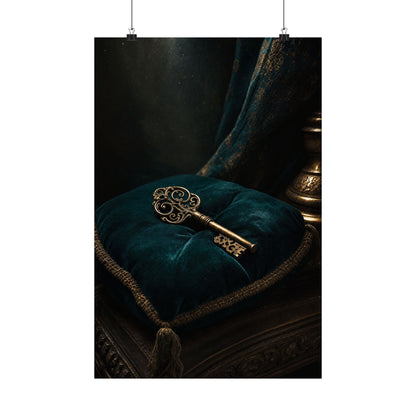 Antique Key On Velvet Cushion - Dark Academia Art Print (Matte Poster) - Moikas