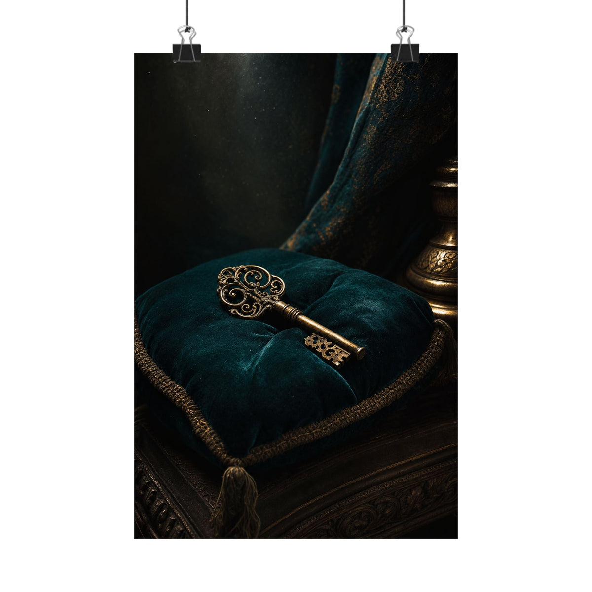 Antique Key On Velvet Cushion - Dark Academia Art Print (Matte Poster) - Moikas