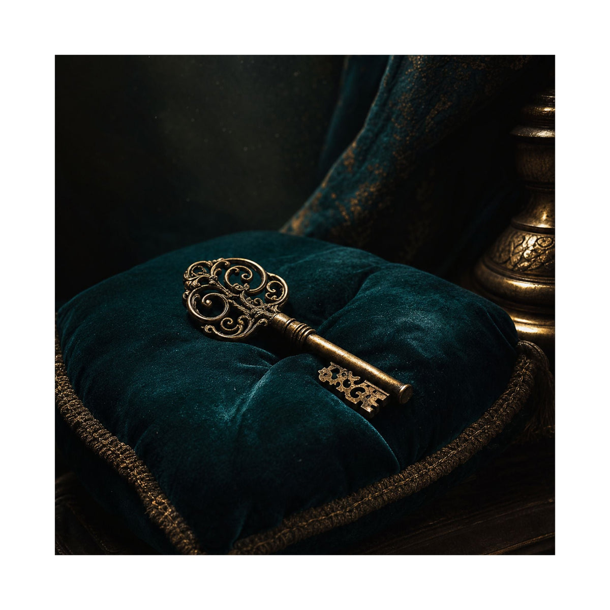 Antique Key On Velvet Cushion - Dark Academia Art Print (Matte Poster) - Moikas