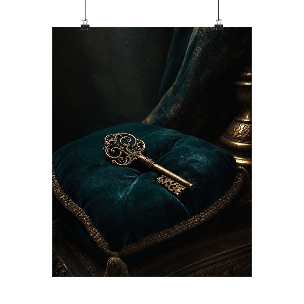 Antique Key On Velvet Cushion - Dark Academia Art Print (Matte Poster) - Moikas