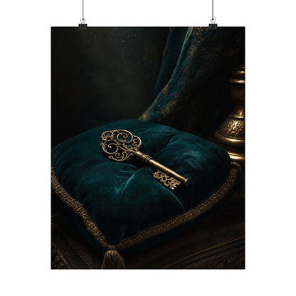 Antique Key On Velvet Cushion - Dark Academia Art Print (Matte Poster) - Moikas
