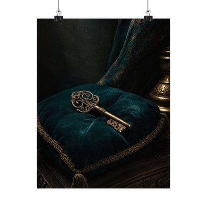 Antique Key On Velvet Cushion - Dark Academia Art Print (Matte Poster) - Moikas