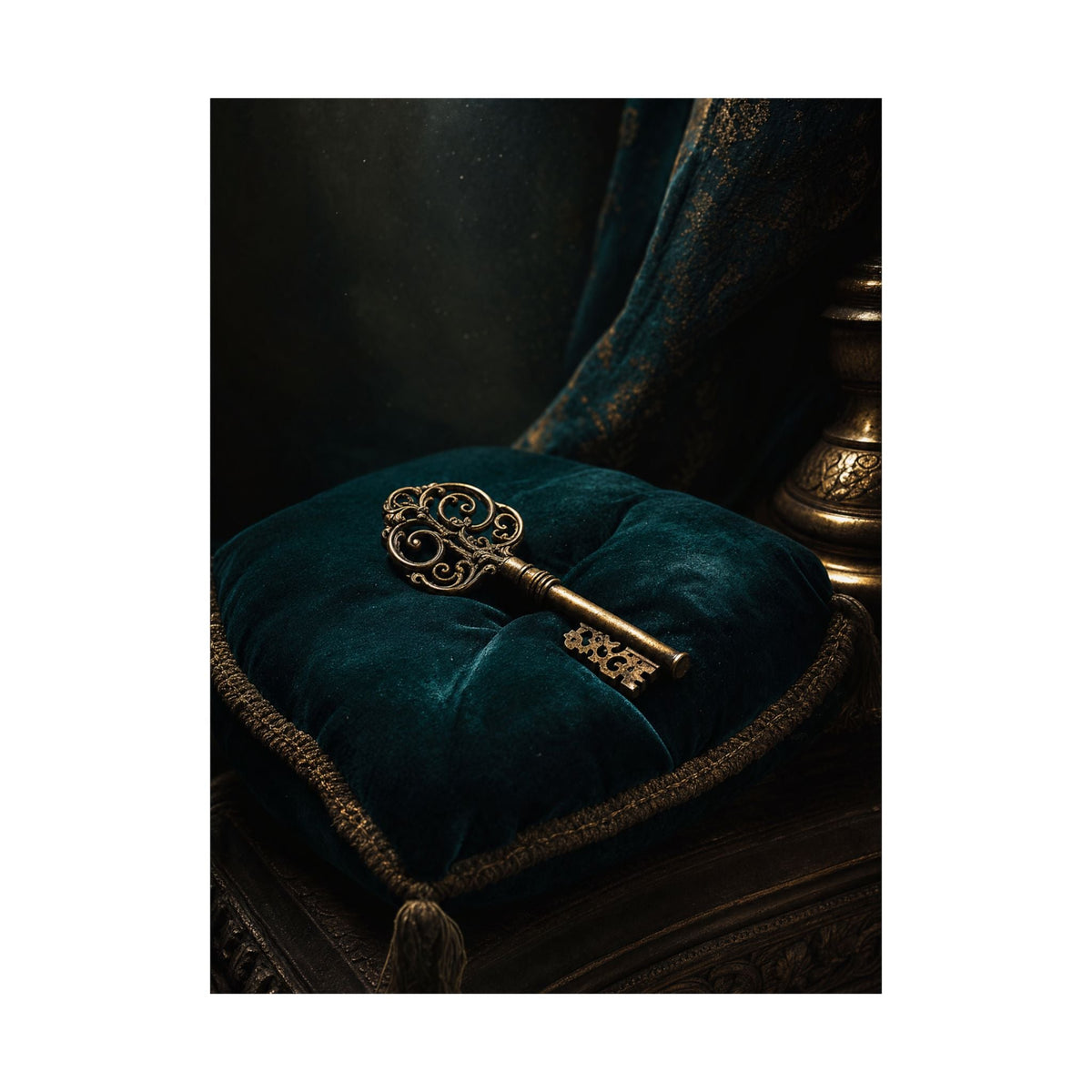 Antique Key On Velvet Cushion - Dark Academia Art Print (Matte Poster) - Moikas