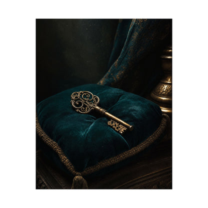 Antique Key On Velvet Cushion - Dark Academia Art Print (Matte Poster) - Moikas