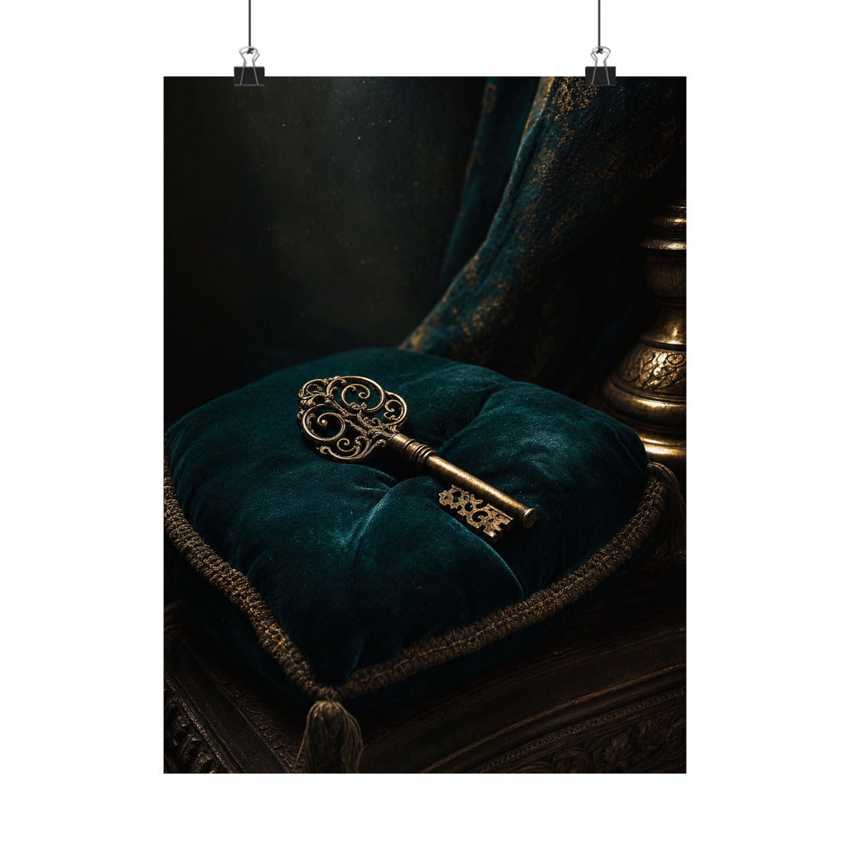 Antique Key On Velvet Cushion - Dark Academia Art Print (Matte Poster) - Moikas