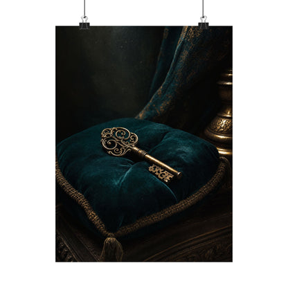 Antique Key On Velvet Cushion - Dark Academia Art Print (Matte Poster) - Moikas